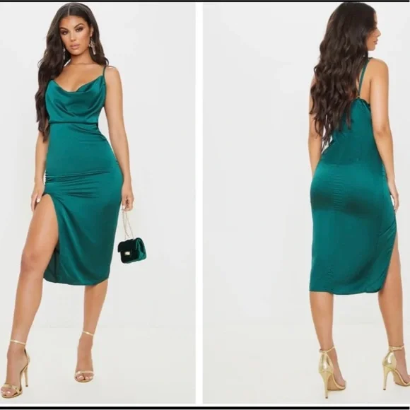 Pretty Little Thing Emerald Green Strappy Satin Cowl Neck Midi Dress - Picture 2 of 6